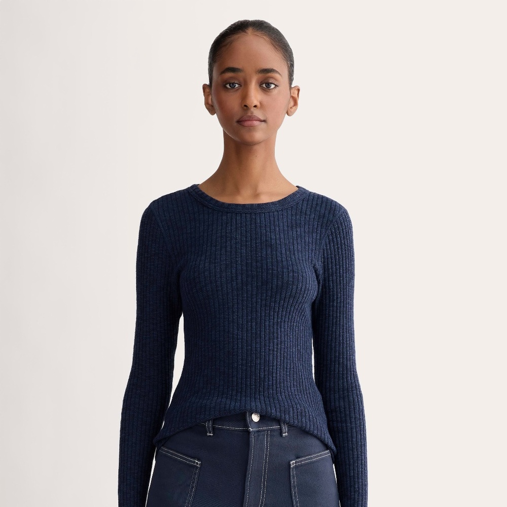Everlane Women's Cozy Rib Long-Sleeve Tee Sweater in Navy, Size Medium